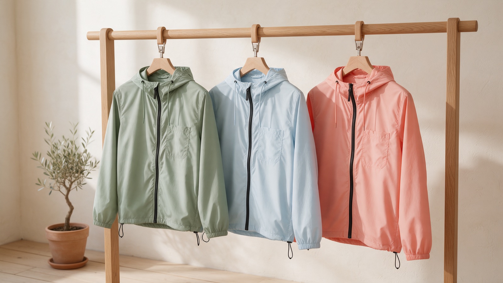 Spring jackets in sage, sky blue and coral on a wooden rail